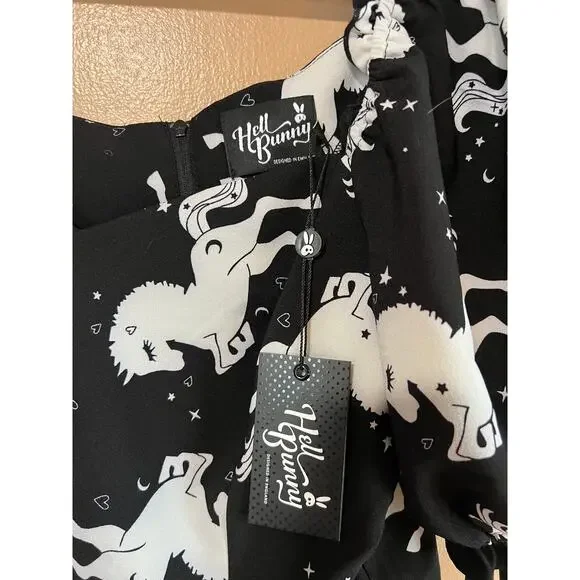 Hell Bunny L Black White Unicorn Print Puff Sleeve Blouse NWT Gothic Fairycore - Picture 3 of 6